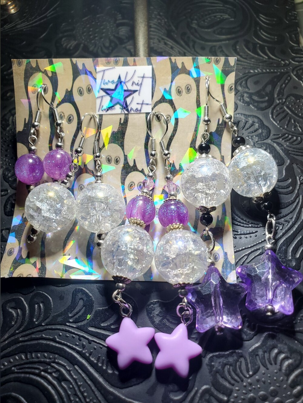 4 Pack - Sparkling Lavender Purple And Clear Iridescent Crackle Earrings Jewelry